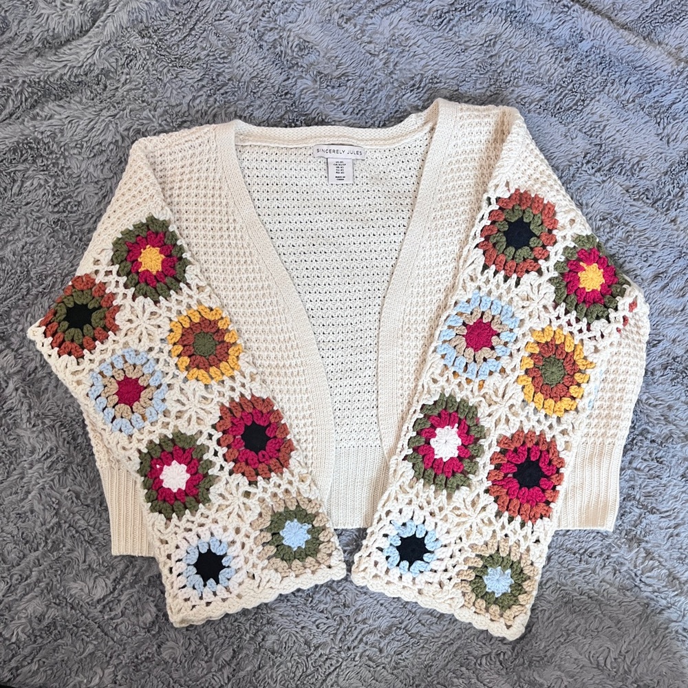 Sincerely Jules Cream Cardigan with Colorful Crochet Accents
